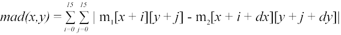 mad(x,y) = \sum_{i=0}^{15} \sum_{j=0}^{15} |m_1[x+i][y+j] - m_2[x+i+dx][y+j+dy] |